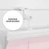 A close-up view of a white mounting bracket for a window blind, with a pink blind visible below. Text indicating 'Montage ohne Bohren' (Mounting without drilling) is present on a circular overlay. Produktbild-Vorschau