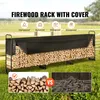 A firewood rack filled with wood, covered by a black tarp, with comparison images below. Voir les images du produit