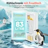 A small refrigerator with its door open, set against an icy, arctic-like background with penguins. The interior shows shelves with bottles and jars, and the capacity is highlighted. Produktbild-Vorschau