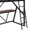 A close-up view of a black metal loft bed with a wooden desk surface and a ladder. Voir les images du produit