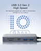 A close-up of a USB hub with text overlays highlighting its features. Produktbild-Vorschau