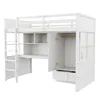 A white loft bed with a desk, wardrobe, and shelves. Voir les images du produit