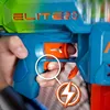 A close-up shot of a hand holding a toy gun, with a circular overlay highlighting the trigger mechanism and a lightning bolt icon. Produktbild-Vorschau