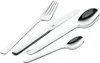 A set of polished stainless steel cutlery, including a fork, knife, and two spoons, arranged diagonally on a white background. Produktbild-Vorschau