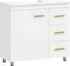 A white bathroom cabinet with gold handles, shown from the front. Produktbild-Vorschau