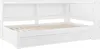 A white wooden bed frame with a built-in bookshelf and a pull-out drawer. Voir les images du produit