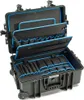 An open black tool case with blue trim, showing multiple compartments and organizers for tools. The case has wheels and a handle, suggesting it is a trolley. Náhľad obrázku produktu