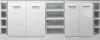A set of white modular cabinets with open shelving units on the sides and a central section with two doors. Voir les images du produit
