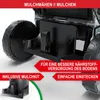 Close-up view of a lawnmower's wheel and mulching attachment, with marketing text overlays. Produktbild-Vorschau