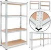 A collage of images showing a metal shelving unit with wooden shelves, a close-up of the corner joint, and two smaller shelving units. Podgląd zdjęcia produktu