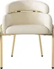 A front view of a beige armchair with gold metal legs against a white background. Produktbild-Vorschau