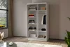 A white wardrobe with clothes and accessories is shown in a room with a window and curtains. Produktbild-Vorschau