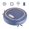 A blue robot vacuum cleaner with pink accents is shown from a slightly elevated angle against a white background. Above the vacuum are four icons representing features: a scale, a microchip, a leaf, and a battery. Náhled obrázku produktu