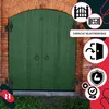 A pair of green wooden doors with black hardware, set against a brick wall. The image also features several circular icons with graphics and text, suggesting product features or benefits. Anteprima dell’immagine prodotto