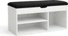 A white shoe cabinet with a black upholstered seat on top. Náhľad obrázku produktu
