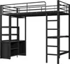 A black metal loft bed with a desk and shelves underneath, shown against a white background. Podgląd zdjęcia produktu