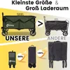 Comparison of two folding wagons, highlighting capacity and folded size. Produktbild-Vorschau
