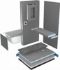 An exploded view of a bathroom construction system, including a bathtub, wall panels, and shower base components. Voir les images du produit