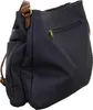 A dark blue handbag with brown leather accents is shown from the side against a white background. Produktbild-Vorschau