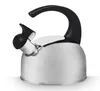 A stainless steel whistling kettle with a black handle is shown against a white background. Podgląd zdjęcia produktu