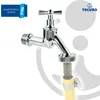 A chrome faucet with a hose adapter attached. Produktbild-Vorschau
