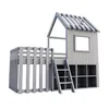 A gray wooden loft bed with a house-like structure and a fence, set against a white background. Voir les images du produit