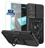 A black phone case with a screen protector and a ring holder, presented with marketing text and graphics. Produktbild-Vorschau