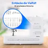 A white sewing machine is shown with a magnified view of its stitch patterns and a text overlay highlighting its features. Produktbild-Vorschau