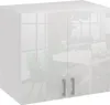 A white high-gloss kitchen cabinet with two doors and silver handles, set against a blurred background of an office or meeting room with chairs and a table. Náhled obrázku produktu