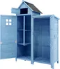 An open blue wooden garden shed with shelves and a small attic. Voir les images du produit
