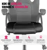 A close-up view of the seat cushion and backrest of a black ergonomic office chair, with text overlays and icons highlighting its features. Náhled obrázku produktu