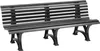 A black park bench with a slatted seat and back, supported by three ornate black legs, is shown against a white background. Produktbild-Vorschau