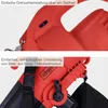 Close-up shots of a red leaf blower/vacuum with text overlays describing its features. Produktbild-Vorschau