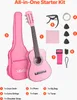 A pink guitar and its accessories are laid out on a white background, with numbered labels pointing to each item and a list of the items below. Anteprima dell’immagine prodotto