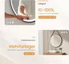 A split image showing a hand interacting with a mirror's touch controls and a bathroom scene with a round mirror. Anteprima dell’immagine prodotto