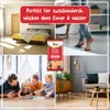 A collage of images showing a bedroom, a person's feet on a floor, a family with children, and a living room scene, with a product package prominently displayed. Produktbild-Vorschau