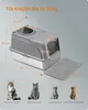 A diagram of a cat litter box with dimensions and images of different cat breeds. Produktbild-Vorschau