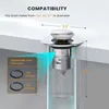 Diagram showing the compatibility and dimensions of a sink drain stopper. Produktbild-Vorschau