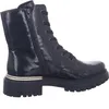 A side view of a black patent leather lace-up boot with a thick sole and a metallic trim around the sole. Voir les images du produit