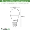 Diagram of a light bulb with dimensions and marketing text. Produktbild-Vorschau