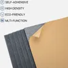 A stack of dark gray acoustic panels with one panel peeling back to reveal a brown backing, set against a white background. Text describing features is present on the left side of the image. Produktbild-Vorschau