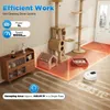 A robotic vacuum cleaner is shown on a wooden floor in a room with a cat tree and furniture. There are graphic overlays indicating features and specifications. Náhled obrázku produktu
