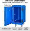 A blue insulated food carrier with its door open, showing interior dimensions and examples of food pans. Náhľad obrázku produktu