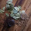 A top-down view of bay leaves, coffee beans, and chickpeas scattered on a wooden surface, with three glass jars containing some of these items. Produktbild-Vorschau