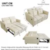 A cream-colored sofa bed is shown in various configurations with dimensions and feature callouts. Podgląd zdjęcia produktu
