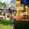 A split image showing solar-powered string lights in a garden setting during the day and at night, with a solar panel visible. Náhled obrázku produktu