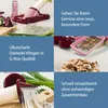 Collage of images showing a vegetable slicer and its components, with German text describing its features. Produktbild-Vorschau