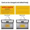 A collage of images showing a LIPO-SAFE fireproof bag, its front and back cards, and a close-up of the bag's front. Produktbild-Vorschau
