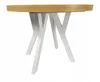 A round dining table with a wooden top and white criss-cross legs, photographed against a white background. Náhled obrázku produktu