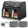 A black dual-chamber air fryer with digital displays and accessories, presented on a white background. Produktbild-Vorschau